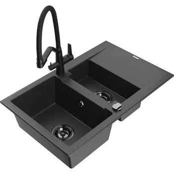 Granitový dřez MEXEN/S - Gaspar granitový dřez 1.5 s odkapávačem včetně baterie Duo, černá kropenatá 6507-76-671701-70-B