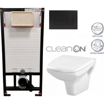 Klozet DEANTE Podomítkový rám, pro závěsné WC mísy + SLIM tlačítko černé + WC CERSANIT CLEANON CARINA + SEDÁTKO CST_WC01 N51P CA2