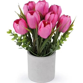 umělá květina Umělé tulipány v květináči, střední, 5 růžová