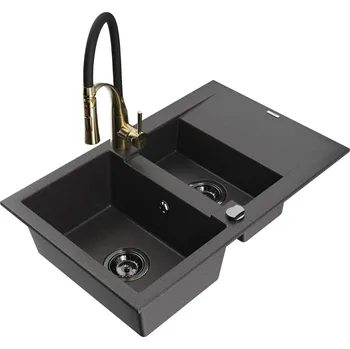 Granitový dřez MEXEN/S - Gaspar granitový dřez 1.5 s odkapávačem včetně baterie Aster, černá kropenatá 6507-76-73450-57-B