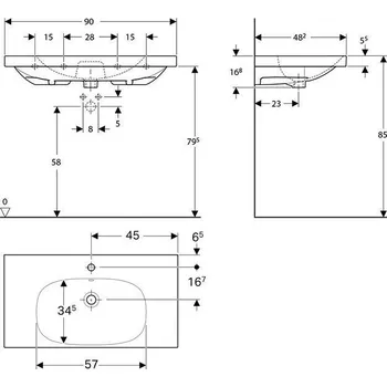 Umyvadlo Geberit Acanto umyvadlo s odkládací plochou 90x48,2 cm, s otvorem pro baterii, s přepadem, KeraTect, bílá (500.623.01.8)
