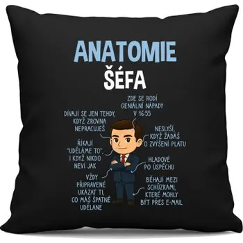 Žertovný předmět Anatomie šéfa - černý polštář s potiskem- Tričkový.cz