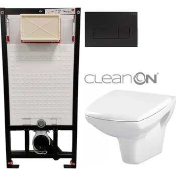 Klozet DEANTE Podomítkový rám, pro závěsné WC mísy + SLIM tlačítko černé + WC CERSANIT CLEANON CARINA + SEDÁTKO CST_WC01 N51P CA1
