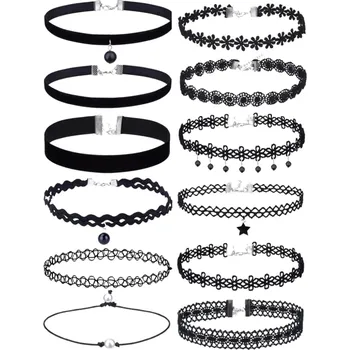 Náhrdelník Sada 12 Krajkových Náhrdelníků Choker v Černé Barvě s Možností Nastavení Délky a Stříbrnými a Zlatými Nástavci