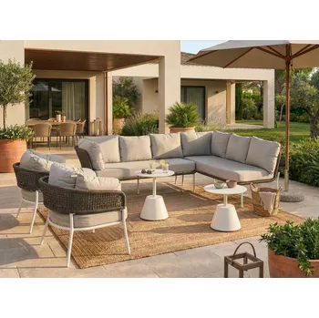 Zahradní sestava 7místná zahradní souprava se stoly béžové látkové polštáře hliníkový rám opěradla provazové pletení Beliani