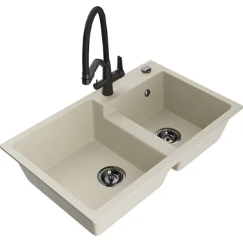 Granitový dřez MEXEN/S - Tomas granitový dřez 2-bowly včetně baterie Duo, béžová 6516-69-671701-70-B