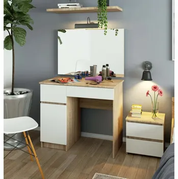 Toaletní stolek Toaletka se zrcadlem BRETIK - dub sonoma / bílý, levé provedení