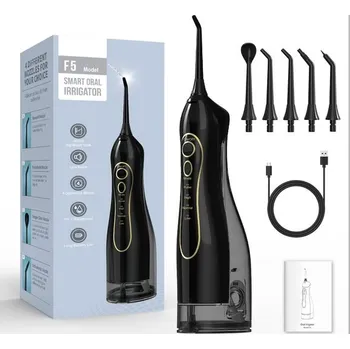 Ústní sprcha Bezdrátová ústní sprcha se sadou hlavic, 4 režimy, 300 ml nádrž, USB-C, černá