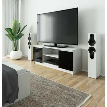 Televizní stolek TV stolek s dvířky YMARIN - bílý / černý lesklý