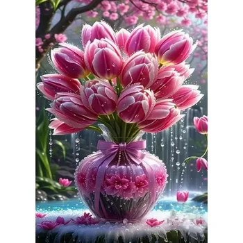 Diamantové malování Diamantové malování - Růžové tulipány + třpytivé kamínky (50x70)