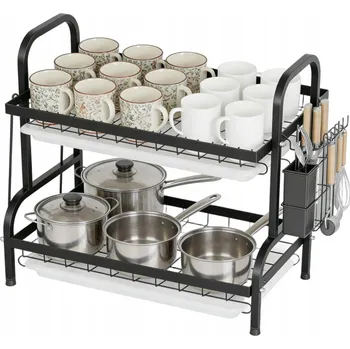 Odkapávač na nádobí Dvoupatrový odkapávač na nádobí stojící velký černý odkapávač na talíře