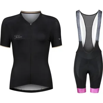 cyklistický dres Force GOLD LADY černý cyklodres - kr. rukáv + Force STRIPE LADY černo-růžové cyklokalhoty černo-zlatý XL + DÁREK