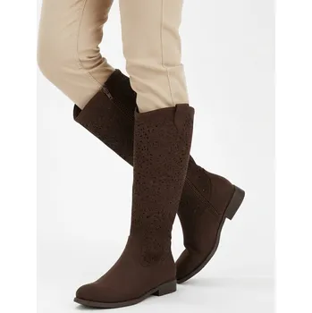 Dámské kozačky Dámské kozačky S.Barski HY61-8023 HNĚDÉ hnědé prolamované na zip