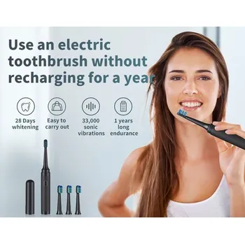 Elektrický zubní kartáček Sonický elektrický zubní kartáček se sadou 4 hlavic a cestovním pouzdrem, 5 režimů, 30 000 vibrací/min, černý