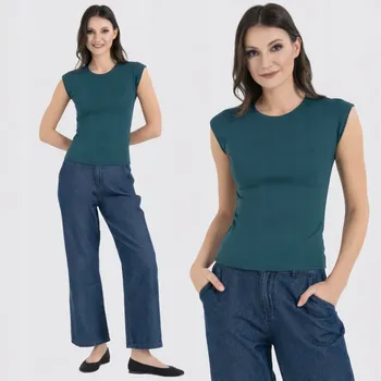 Dámská halenka MORAJ DÁMSKÁ HALENKA TOP S PRUHY A KRÁTKÝM RUKÁVEM CAP SLEEVE ZELENÁ L