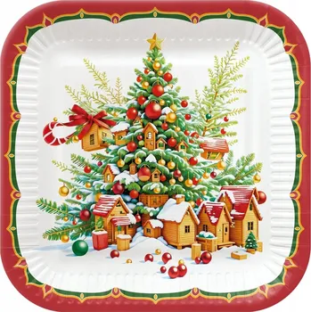 Party nádobí Papírové talířky vánoční Stromek čtvercové 23cm 8ks