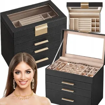 Šperkovnice Černá kufřík šperkovnice na bižuterii víceúrovňová se skleněným víkem