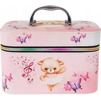 Kufřík krabička M, kufr se zrcátkem na zip RŮŽOVÝ s medvídkem a motýlky