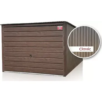 Přístřešek na auto Plechová garáž 3x5m zadní spád, výklopná vrata, tmavý lesklý ořech