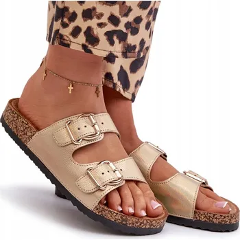 Dámská obuv NAZOUVÁKY NA KORKOVÉ PLATFORMĚ S EKO KOŽENÝMI SPONAMI, ZLATÉ, VELIKOST 42