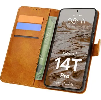 Pouzdro na mobilní telefon Flipové pouzdro Bizon pro Xiaomi 14T Pro, hnědé