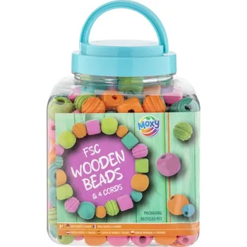 Výtvarná sada creative craft group Dřevěné korálky FSC pastelové s provázky – kreativní sada v dóze (10x10x10cm), 400 gramů