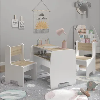 Dětský stůl Dětský set stolu a 2 židlí s úložnou policí - sonoma + bílá