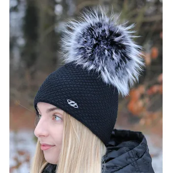 Čepice R-Jet Dámská zimní pletená čepice s kožešinovou bambulí 690 černá