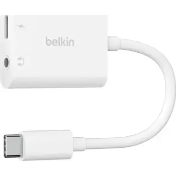 Notebook Belkin USB-C adaptér/rozdvojka 1x USB-C M/ 1x USB-C F napájení 60W + 1x 3,5mm jack, bílá