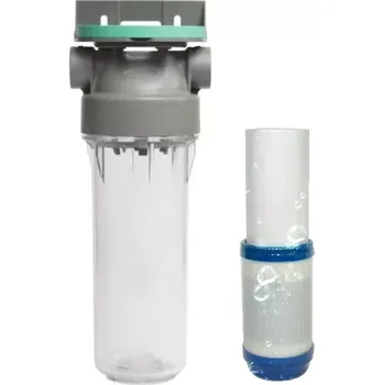 Filtrace vody Průsvitné filtrační pouzdro s odvzdušňovacím ventilem ECO 1“ - 10“/2,5" + kombinovaná PP vložka 5µm/sypané aktivní uhlí a KDF (FILTRAČNÍ POUZDRA)