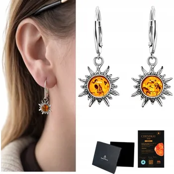 Náušnice Stříbrné náušnice s přírodním JANTARem, anglické zapínání, slunce FILM