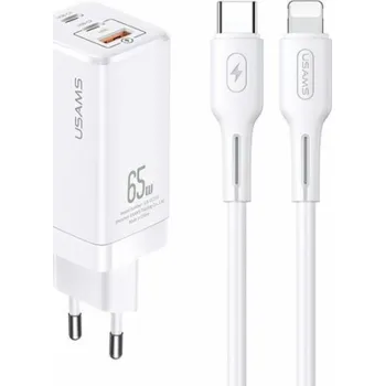 Usams USAMS Charger Lod. síť. MT 2xUSB-C+USB GaN 65W PD + USB-C-Lightning kabel 30W rychlé nabíjení bílá/bílá MTXLOGTL02