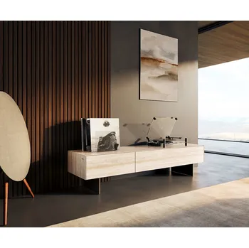 Televizní stolek DELIFE TV stolek Cuor 150 cm keramika Laminam® Travertino Bianco krémově bílá 1 výklopná dvířka 1 zásuvka podnož závěsná kov černá