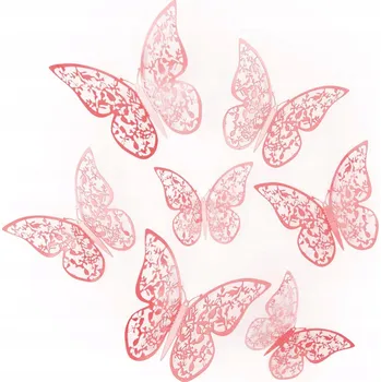 Obraz PartyPal 3D Nálepky na zeď motýli krajkové růžovo-zlaté 12 kusů