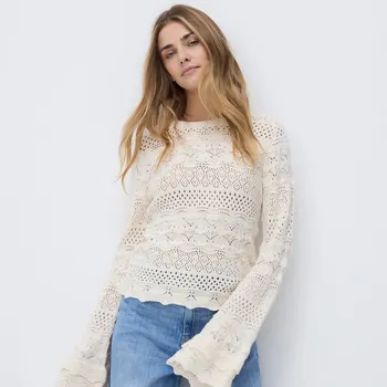 Dámský svetr Reserved - Ažurový svetr s&nbsp;příměsí bavlny - tělová - 140JA-02X - 140JA-02X-S