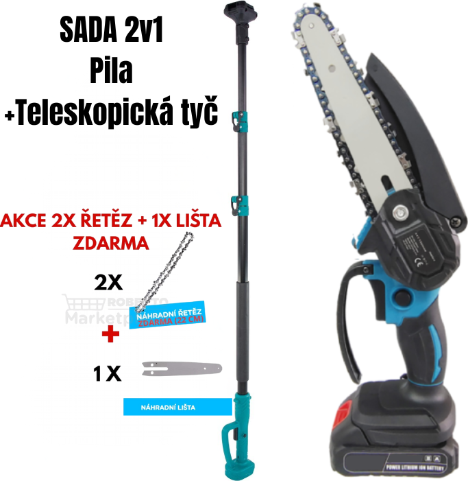 AKU řetězová pila 185 mm + teleskopická tyč (2× 21 V baterie) – DÁREK 2× řetěz + 1× lišta zdarma DÁREK 2× řetěz + 1× lišta zdarma