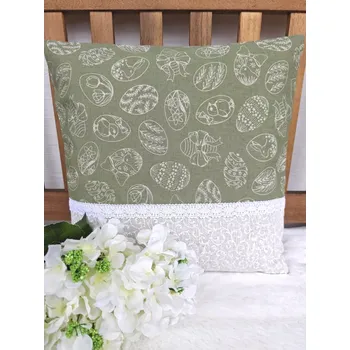 Povlak na polštářek Povlak na polštář 40 x 40 cm – Velikonoční vajíčka na šedozelené s krajkou| Ruční výroba