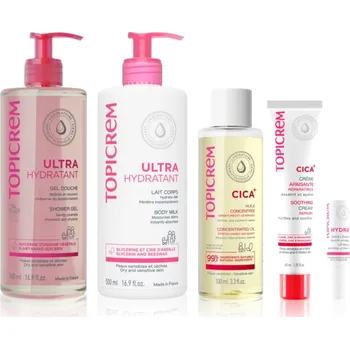 Pleťový krém Topicrem Gift Box Topicrem UH FACE Ultra-Moisturizing Lip Balm hydratační balzám na rty pro suché rty 4 g + Topicrem CICA Soothing Cream intenzivní obnovující krém pro podrážděnou pokožku 40 ml + Topicrem CICA Concentrated Oil olej na jizvy a strie 100 ml