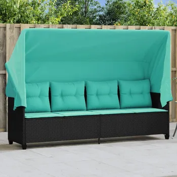 Zahradní lehátko vidaXL Zahradní lehátko se stříškou a poduškami  polyratan [368341] Barva: Černá