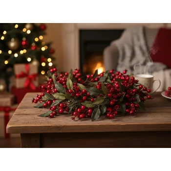 Vánoce Dekorační věneček na stůl LAURENCO červené jeřabiny 40 cm 708978