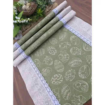 ubrus Běhoun - velikonoční vajíčka na šedozelené s bílými ornamenty