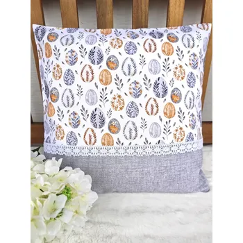 Povlak na polštářek Povlak na polštář 40 x 40 cm – velikonoční vajíčka v kombinaci s šedou a krajkou