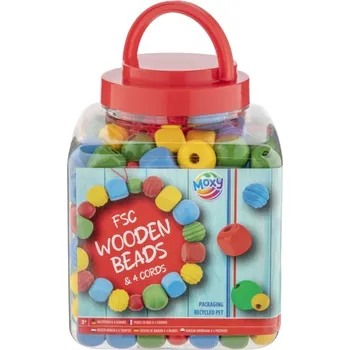Výtvarná sada creative craft group Dřevěné korálky FSC s provázky – kreativní sada v dóze (10x10x10cm), 400 gramů