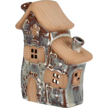 Svícen Autronic Domeček keramický - duo, na čaj. svíčku, vel. M, hnědý, sada 2 ks