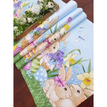 ubrus Běhoun velikonoční - zajíčci na světle modré