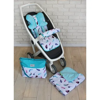 Baby Nellys Mega sada do kočárku s taškou na kočárek - Listy - tyrkysová, Ce19