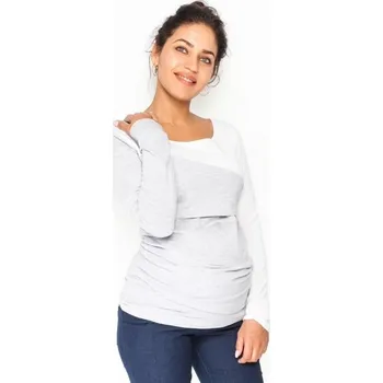 Be MaaMaa Těhotenské, kojící triko/halenka dlouhý rukáv Jana - šedý melír/bílá | Velikosti těh. moda: S (36)