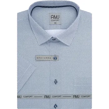 Pánská košile AMJ bavlněná, bílá, modré kostky, VKSBR1433, krátký rukáv, slim fit, vel. 39