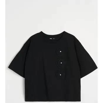 Dámské tričko Sinsay - Bavlněné tričko s 3D aplikací - černá - 580DO-99X - 580DO-99X-XXL