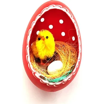 Velikonoční dekorace Velikonoční Husí kraslice vrtaná s kuřátkem - červený ornament